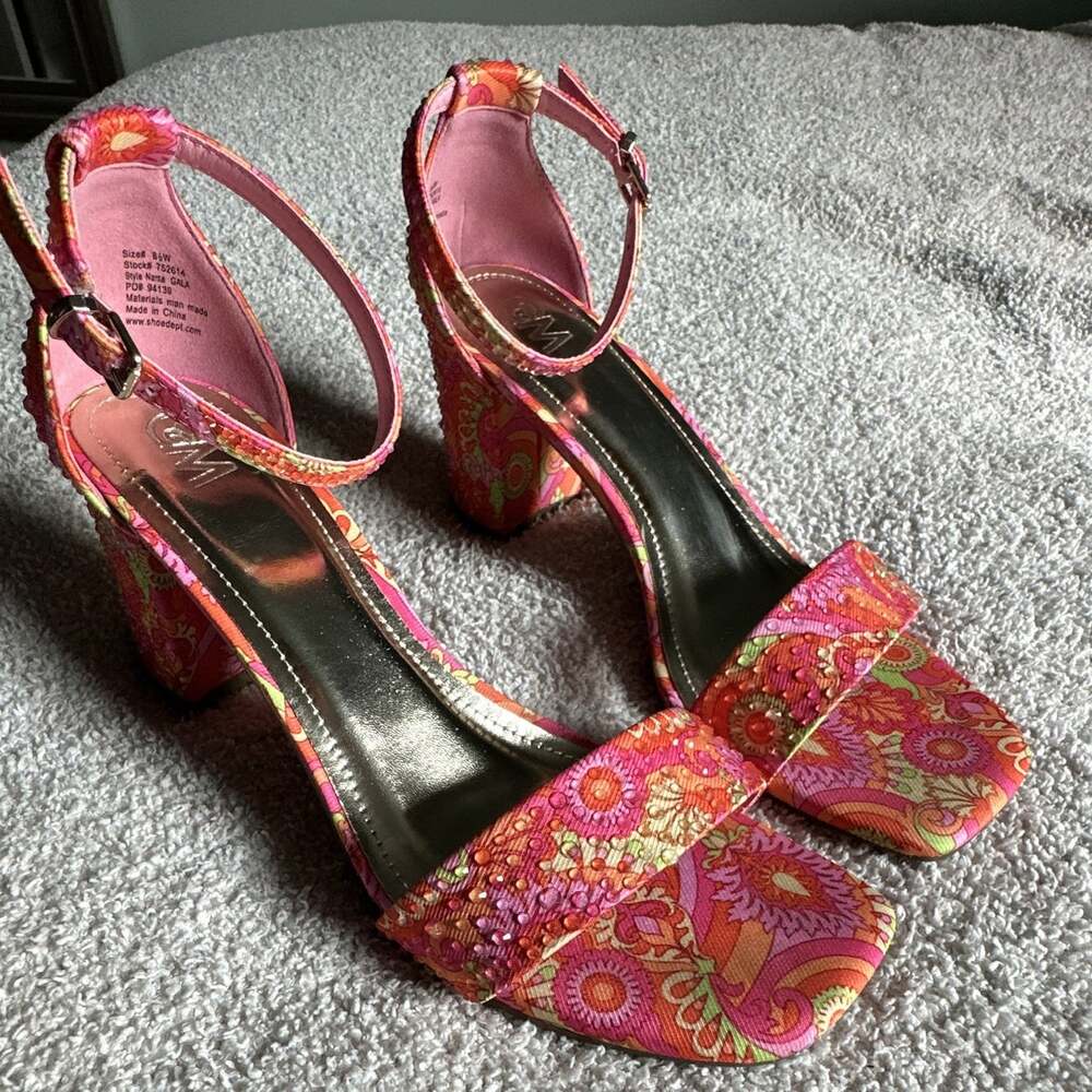 Chelsea Moreland Gala Women's‎ Pink Floral Ankle Strap Heels Open Toe Size 8.5 - Picture 2 of 9